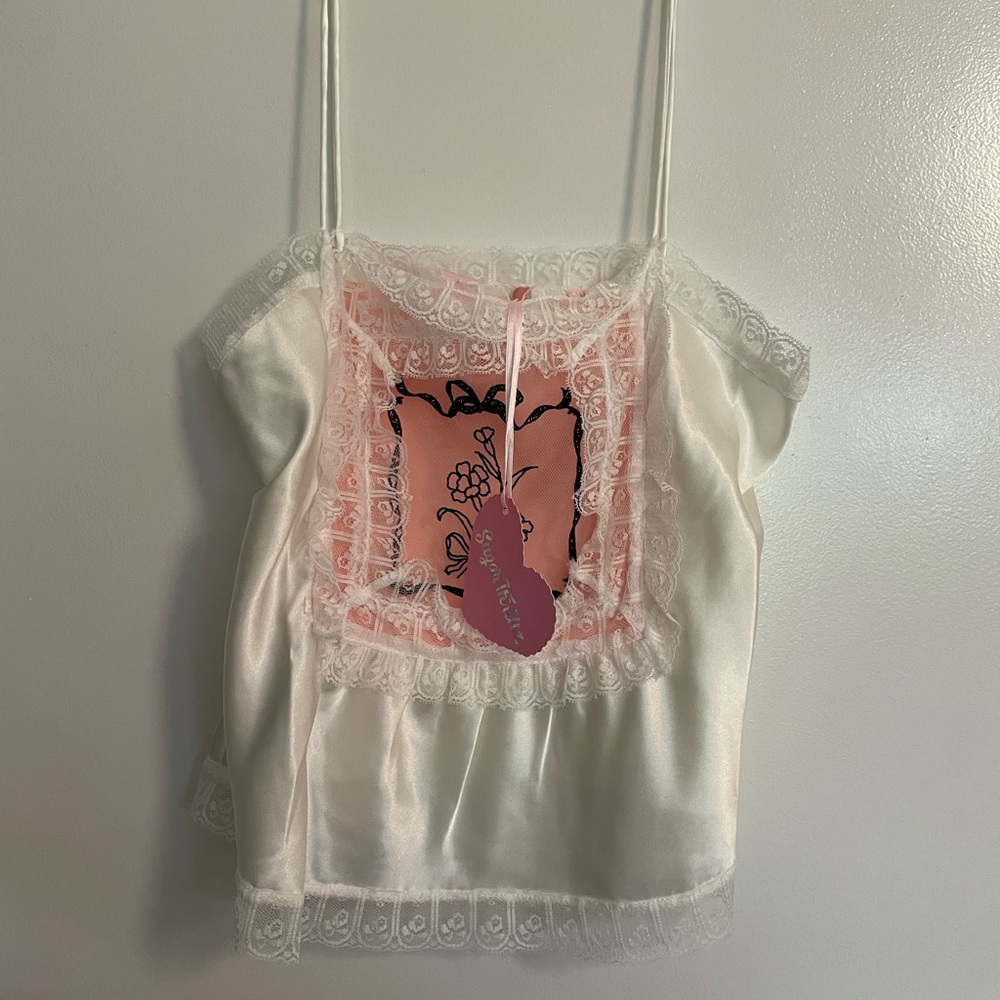 NWT white satin lace pink ribbon tank top cami sugar thrillz